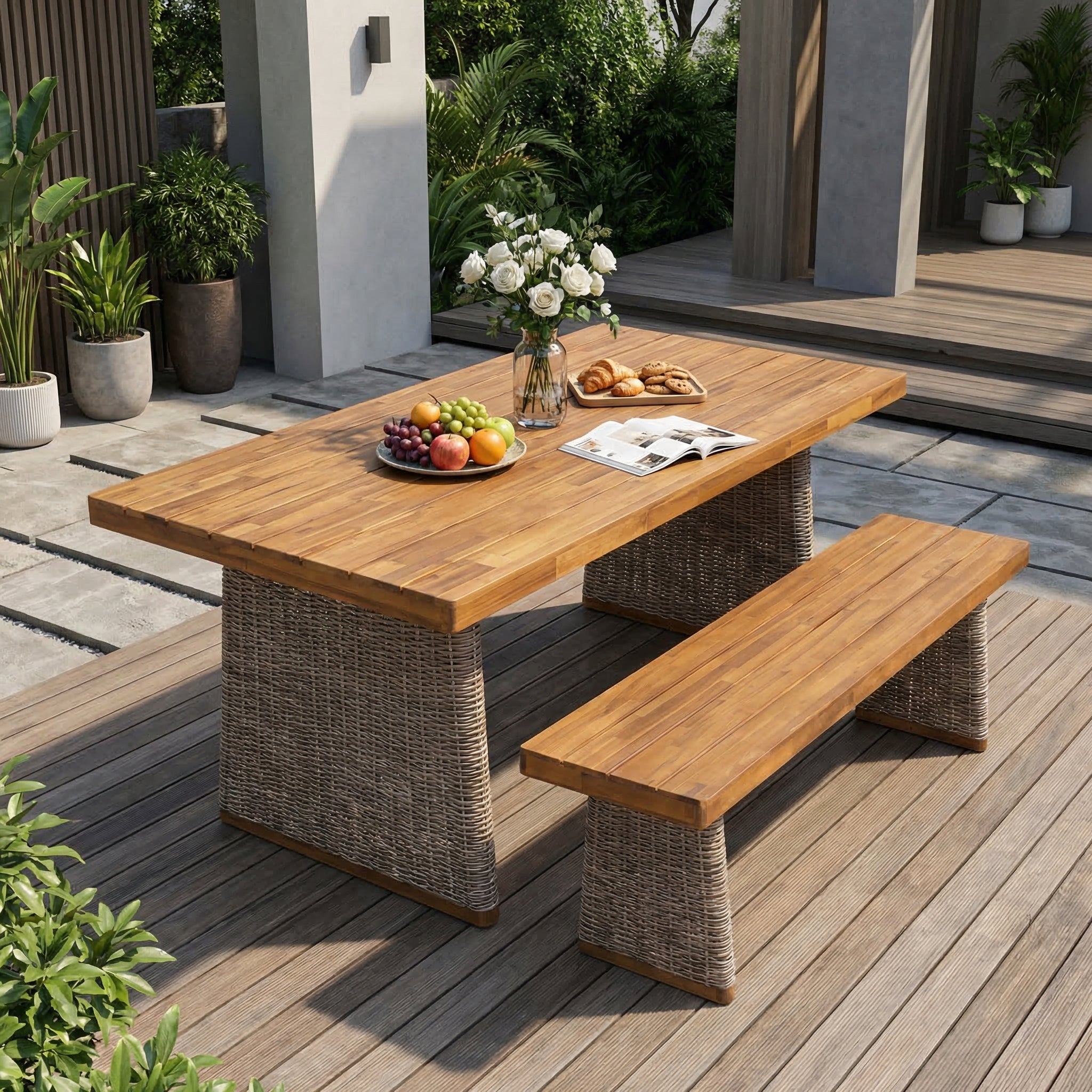 Outdoor Acacia Wood Dining Table Set with 1 Table and 1 Bench