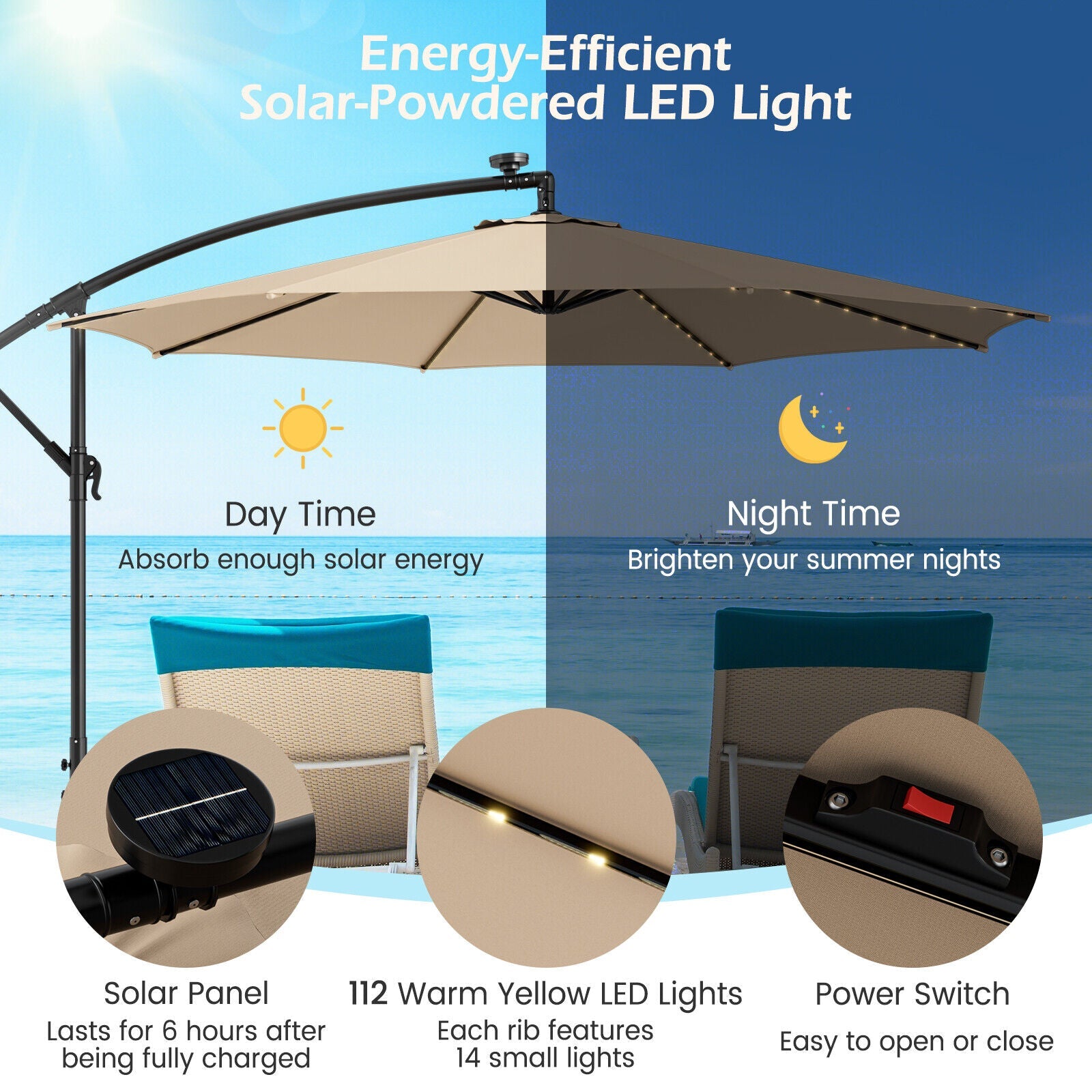 10 Feet Patio Offset Umbrella with 112 Solar-Powered LED Lights-Beige