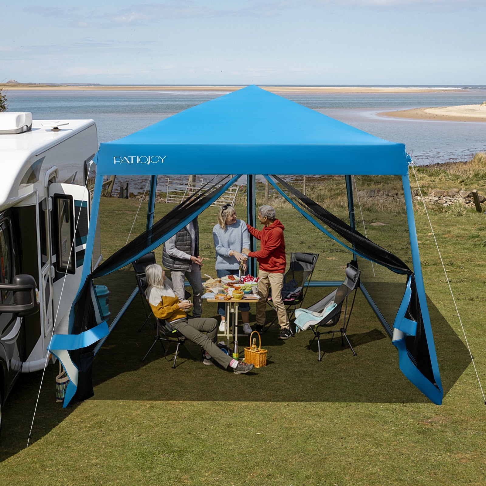 10 x 10 Feet Pop Up Canopy with with Mesh Sidewalls and Roller Bag-Blue