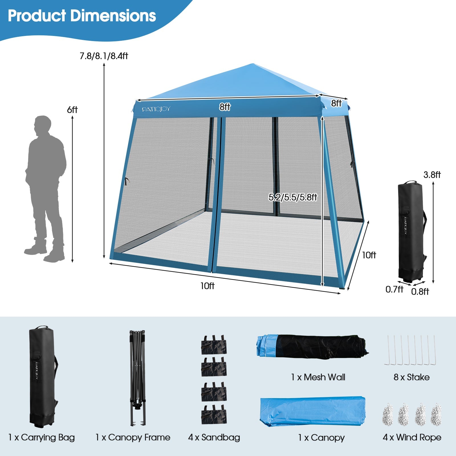 10 x 10 Feet Pop Up Canopy with with Mesh Sidewalls and Roller Bag-Blue
