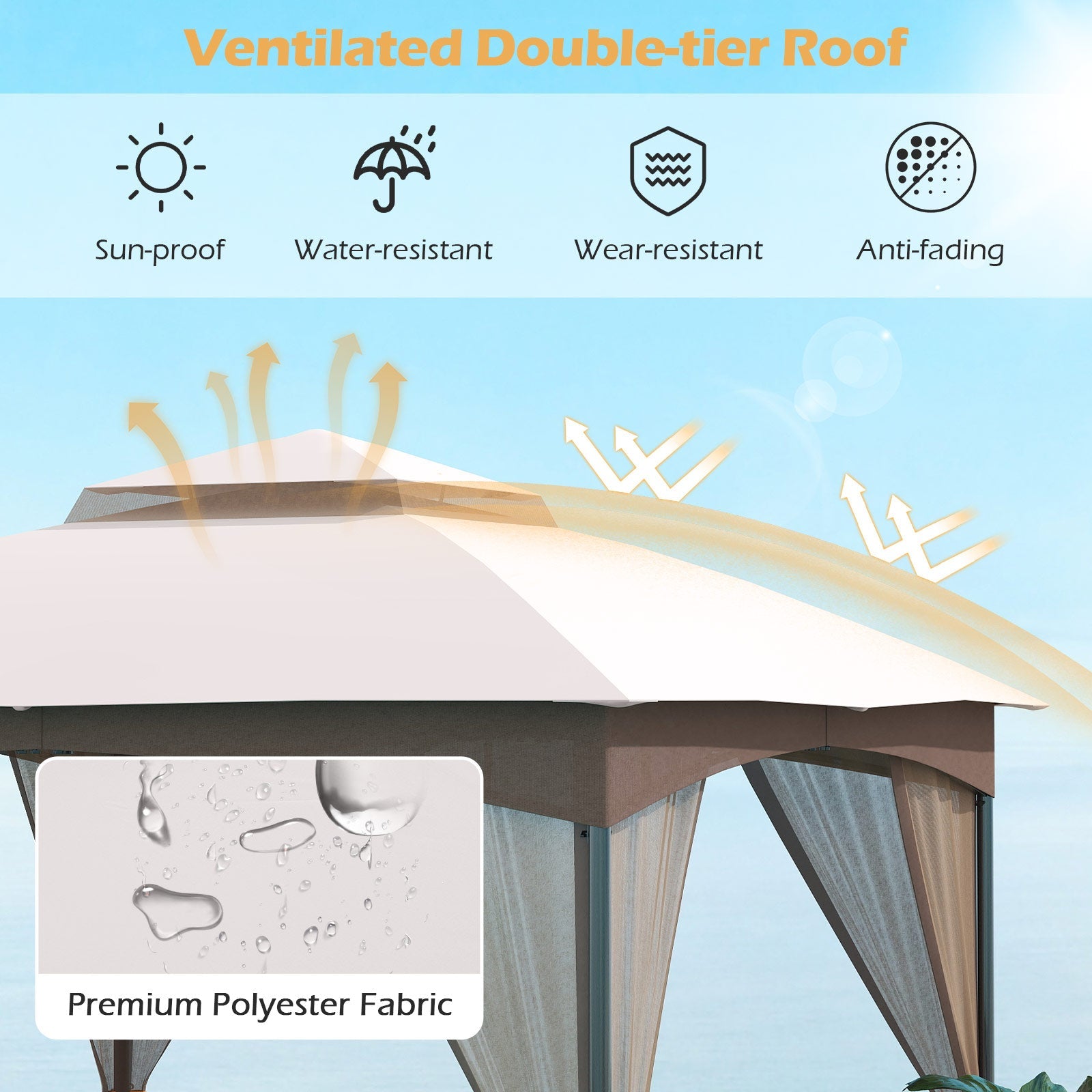 10 X 10 FT Heavy-Duty Patio Gazebo with Netting Walls and 4 Sandbags-Khaki