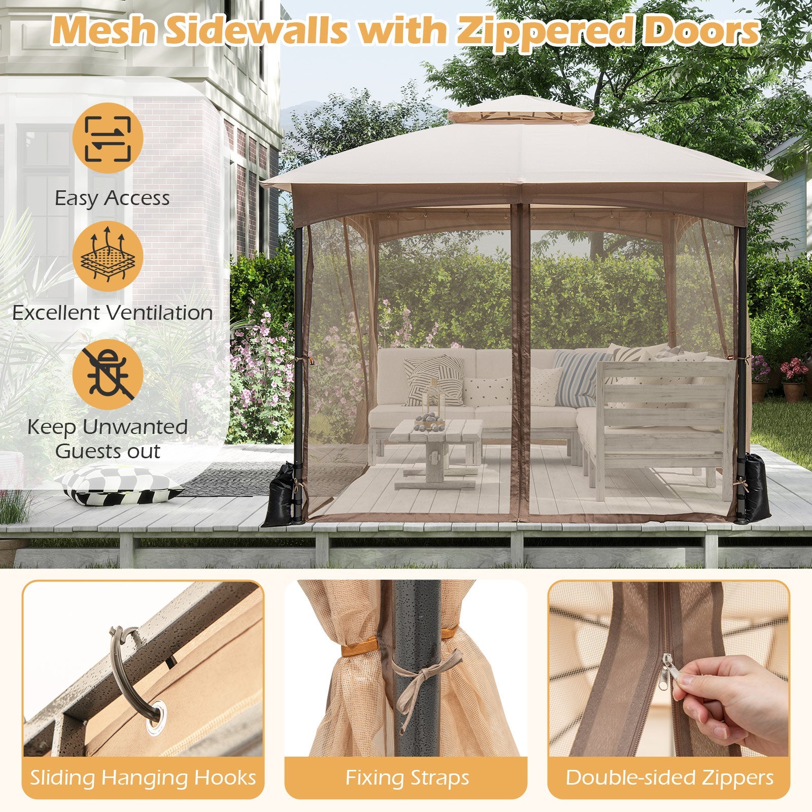 10 X 10 FT Heavy-Duty Patio Gazebo with Netting Walls and 4 Sandbags-Khaki