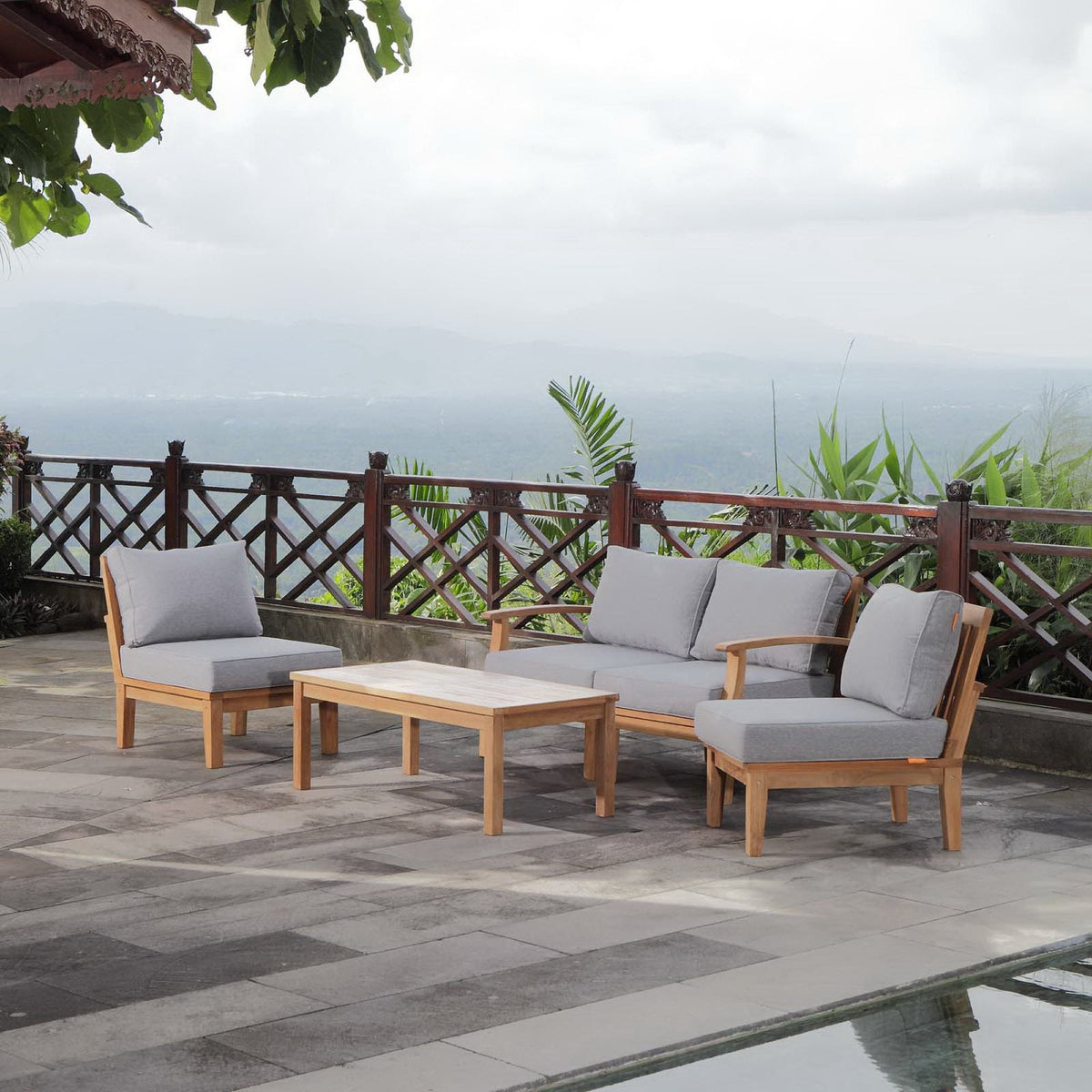 Marina 5 Piece Outdoor Patio Teak Set by Modway - Natural Gray / Natural Navy / Natural White (EEI-1477)