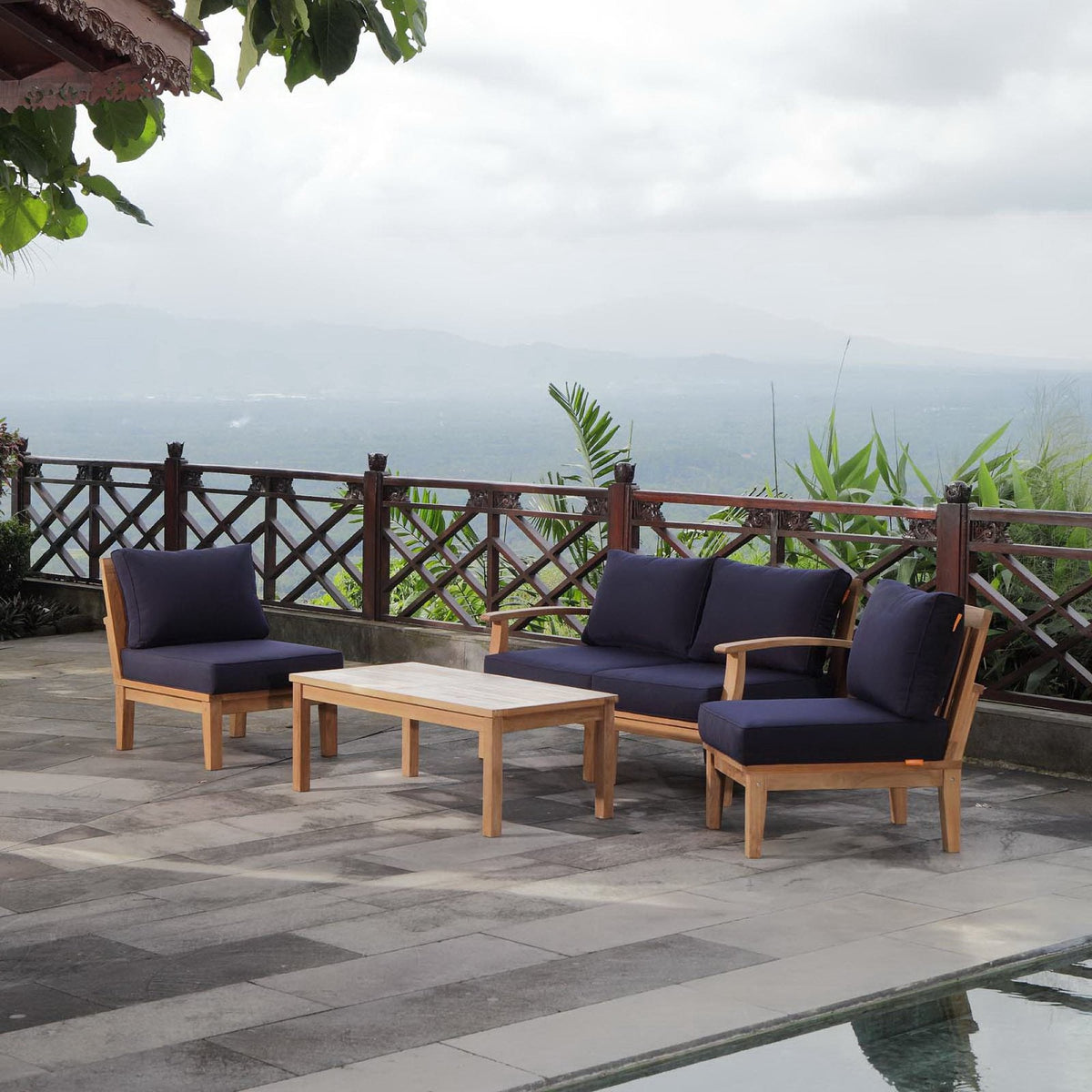 Marina 5 Piece Outdoor Patio Teak Set by Modway - Natural Gray / Natural Navy / Natural White (EEI-1477)