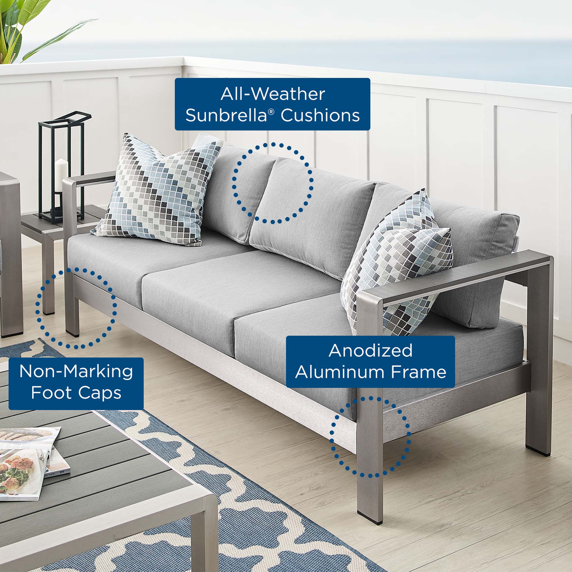 Shore Sunbrella Fabric Aluminum Outdoor Patio Sofa by Modway