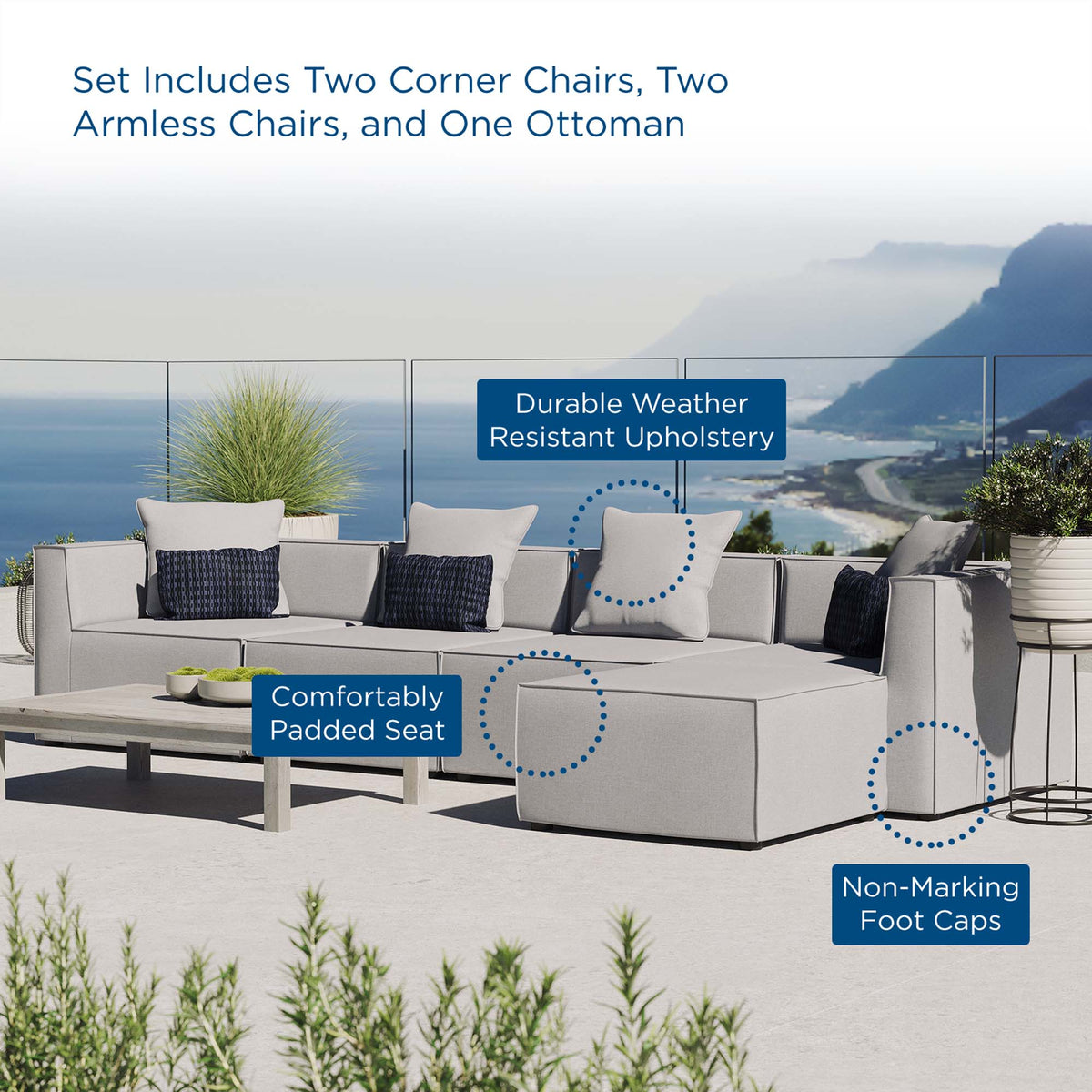 Saybrook 5-Piece Outdoor Patio Upholstered Sectional Sofa by Modway - Gray / Navy / White (EEI-4382)