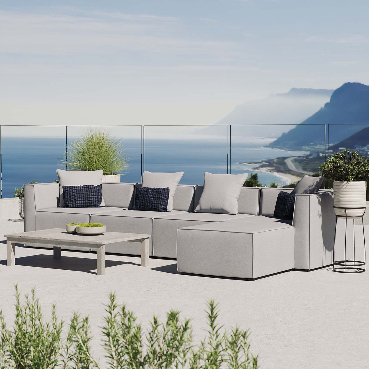Saybrook 5-Piece Outdoor Patio Upholstered Sectional Sofa by Modway - Gray / Navy / White (EEI-4382)