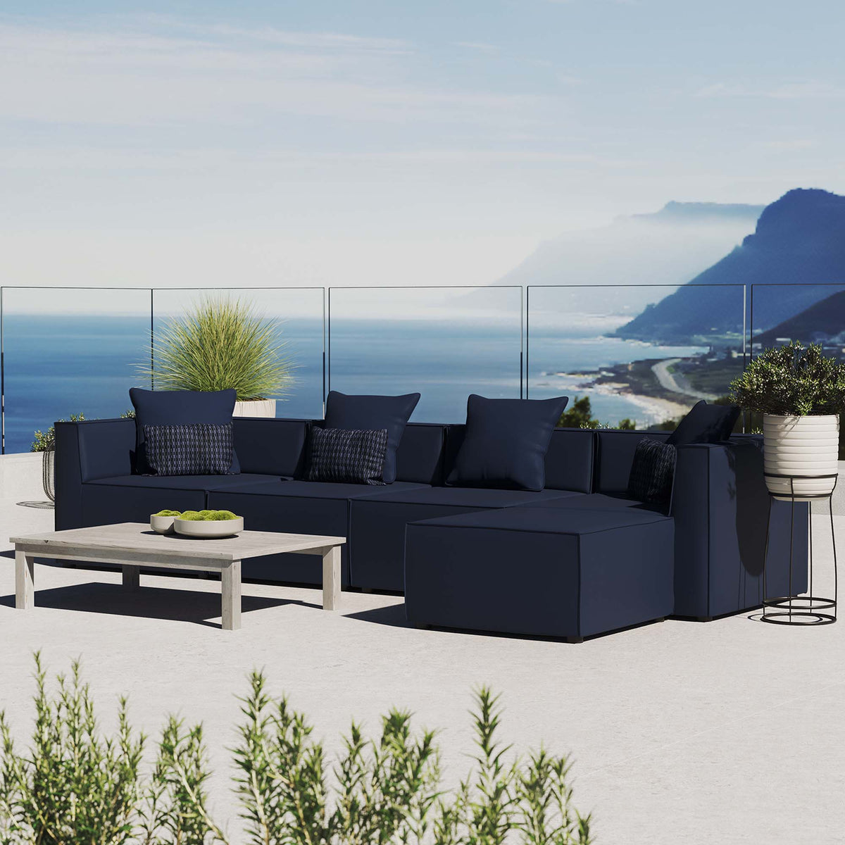 Saybrook 5-Piece Outdoor Patio Upholstered Sectional Sofa by Modway - Gray / Navy / White (EEI-4382)