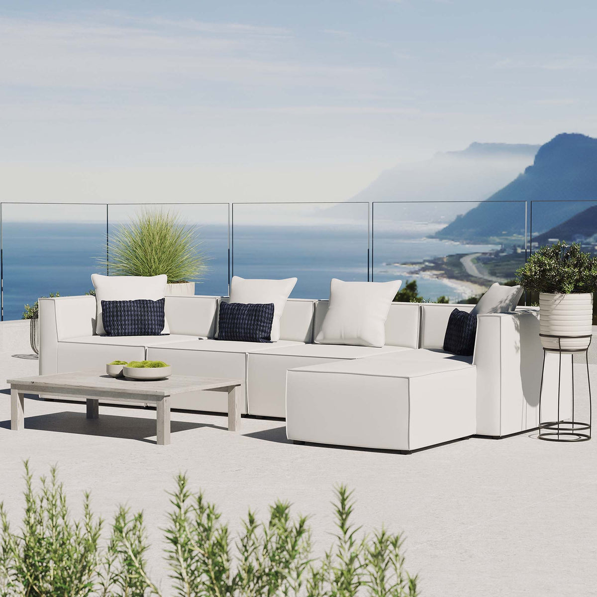 Saybrook 5-Piece Outdoor Patio Upholstered Sectional Sofa by Modway - Gray / Navy / White (EEI-4382)