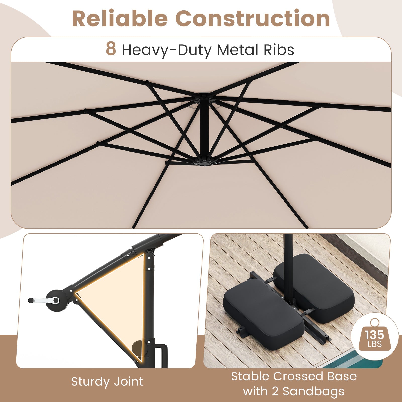 10 Feet Solar Offset Hanging Umbrella with Base and LED Lights-Beige