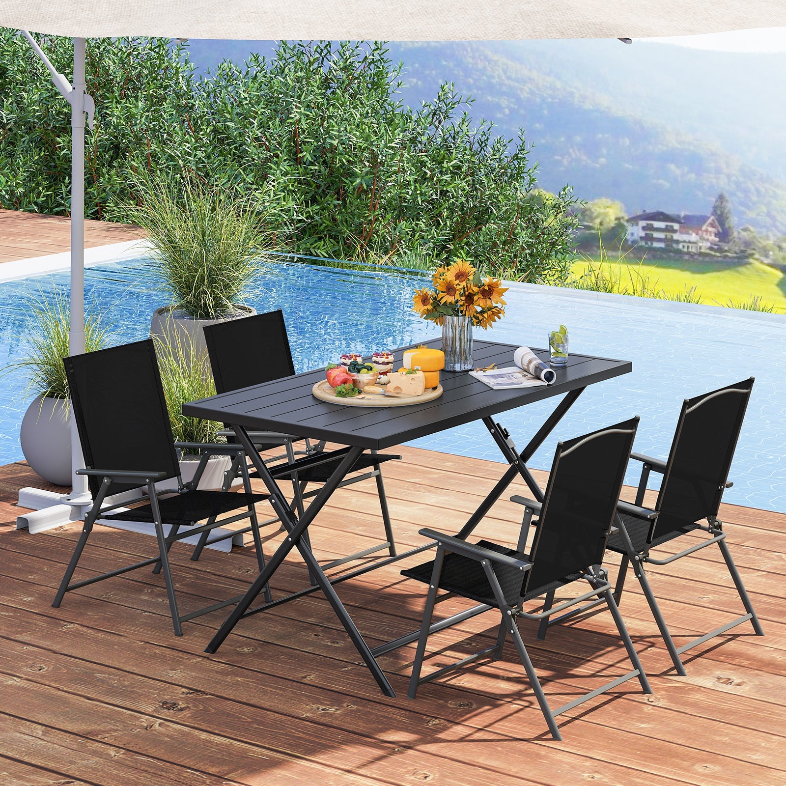 Foldable Outdoor Dining Table 48inch x 30inch Rectangular Metal Patio Table with Slatted Tabletop-Black