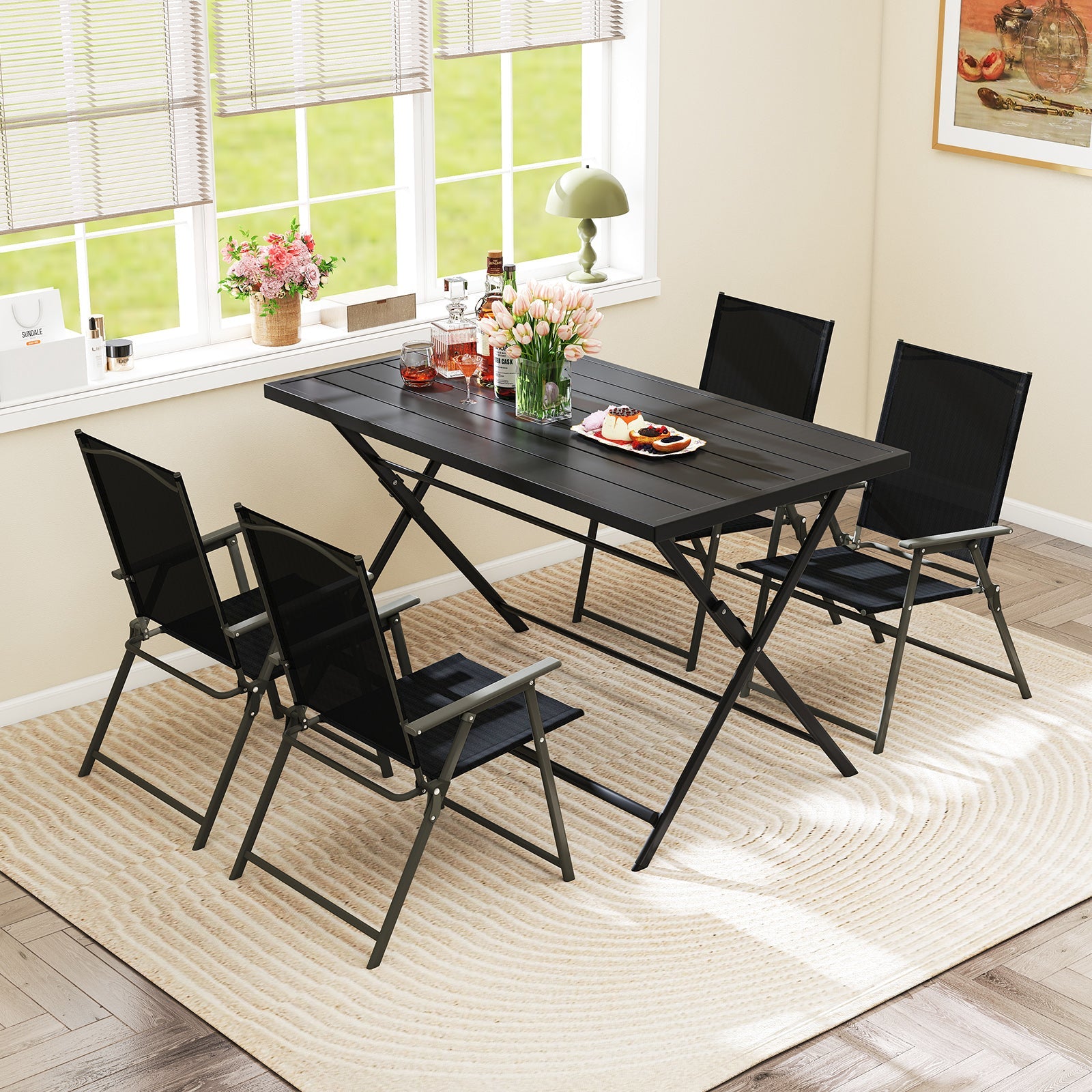 Foldable Outdoor Dining Table 48inch x 30inch Rectangular Metal Patio Table with Slatted Tabletop-Black