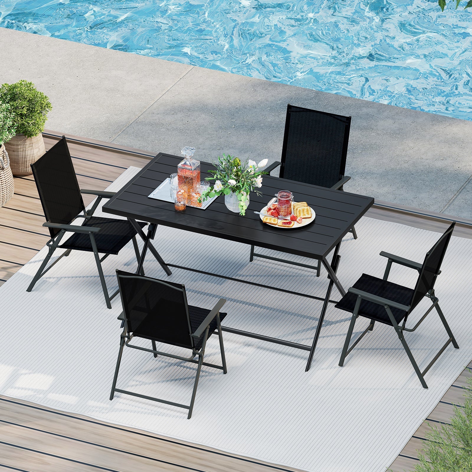 Foldable Outdoor Dining Table 48inch x 30inch Rectangular Metal Patio Table with Slatted Tabletop-Black