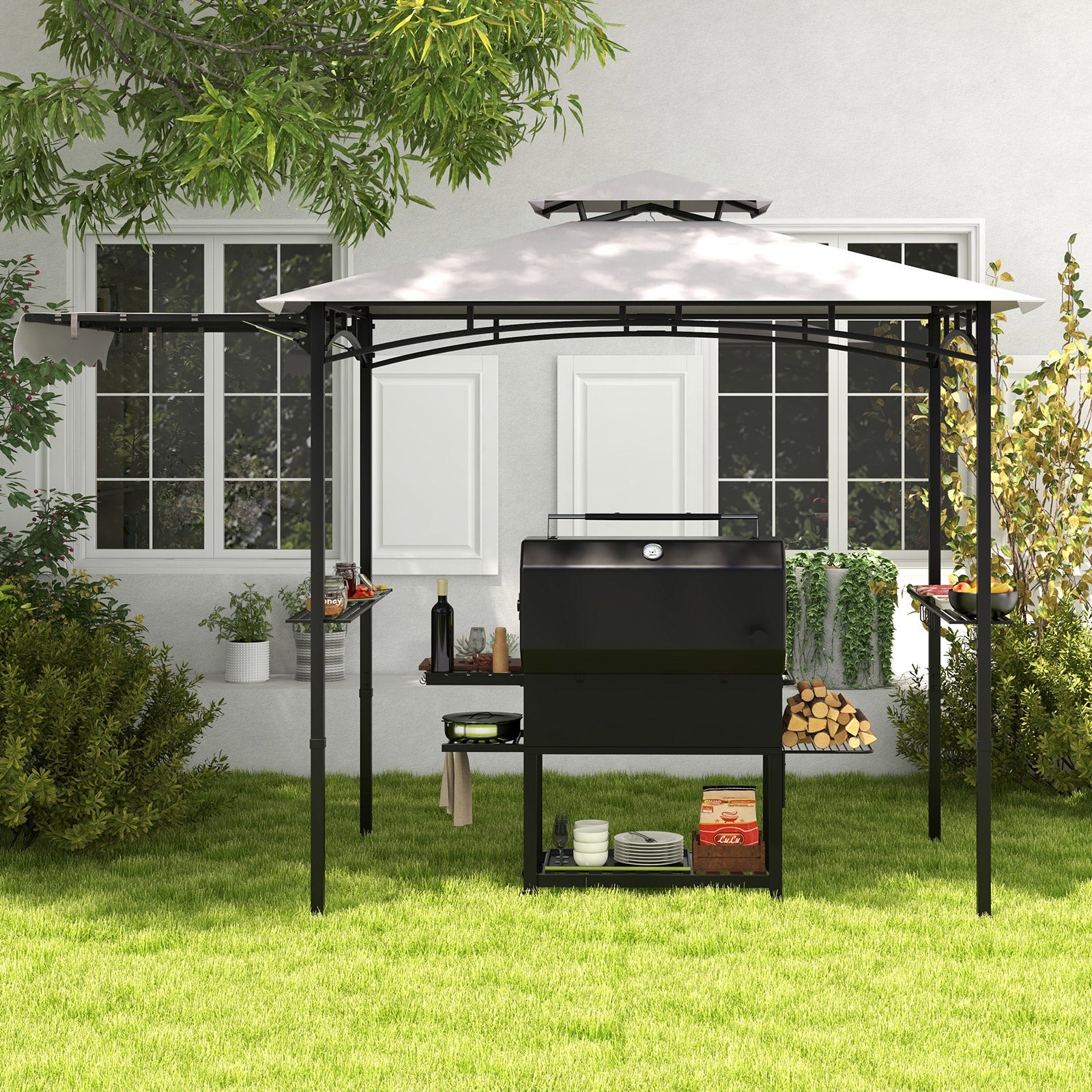 11 x 5 FT Grill Gazebo with Side Awning and Double-Tiered Top-Gray