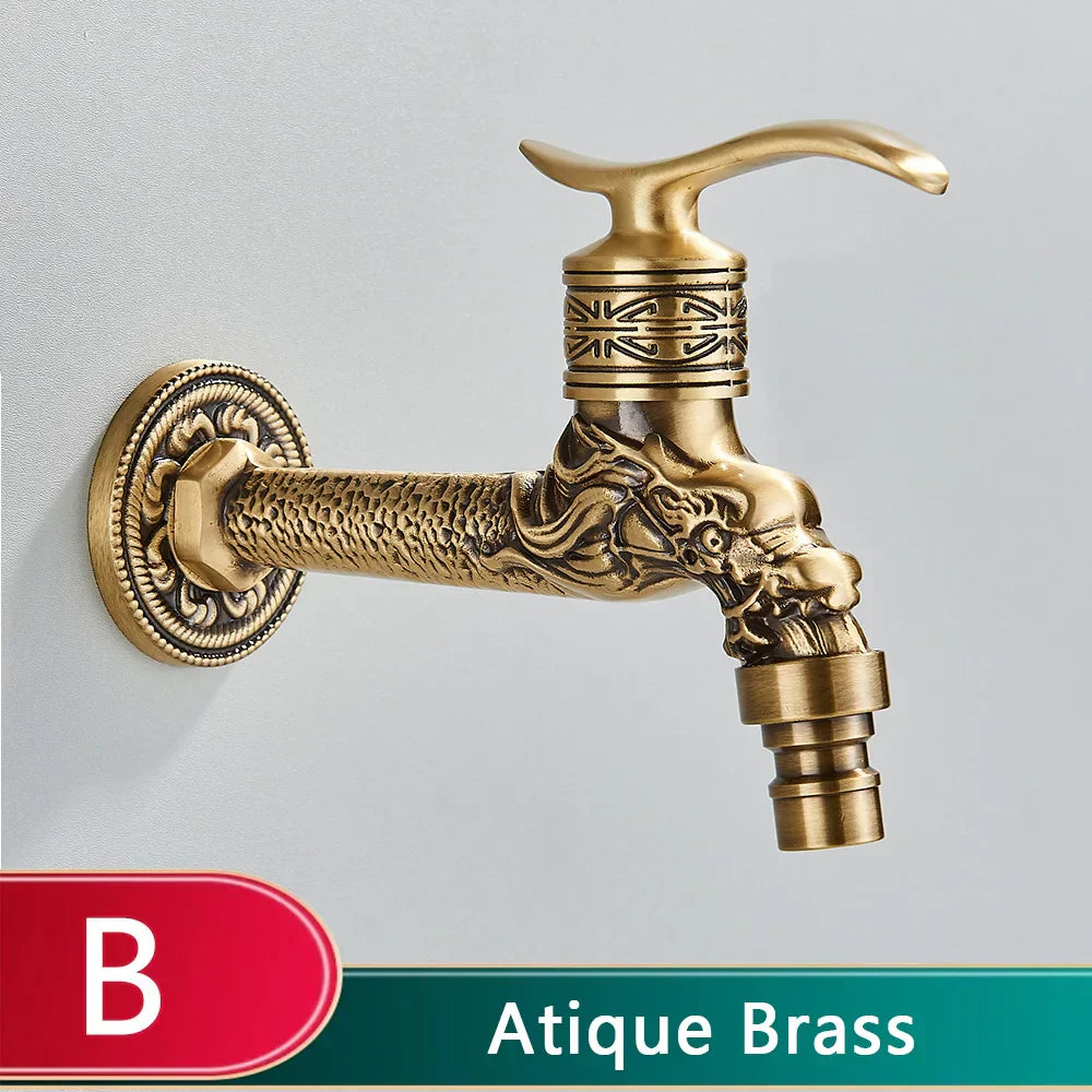 DecorBites™ Dragon Carved Antique Brass Wall Mounted Faucet for Bathroom and Outdoor Use
