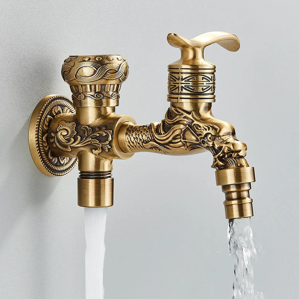DecorBites™ Dragon Carved Antique Brass Wall Mounted Faucet for Bathroom and Outdoor Use