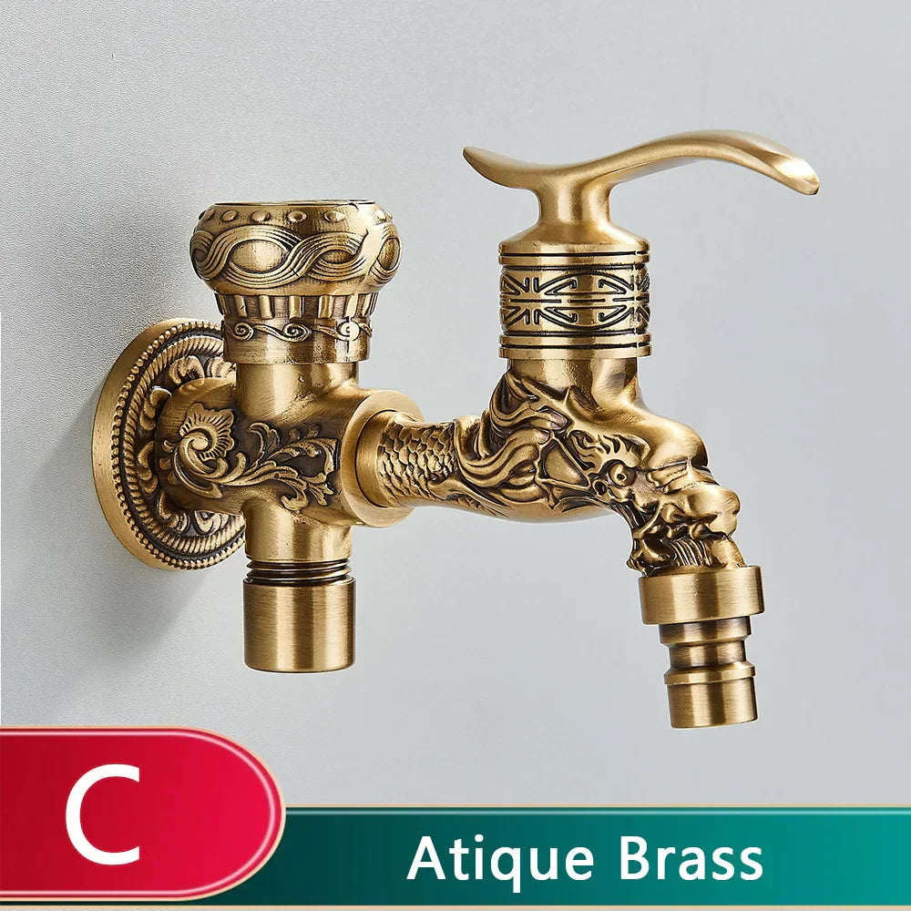 DecorBites™ Dragon Carved Antique Brass Wall Mounted Faucet for Bathroom and Outdoor Use