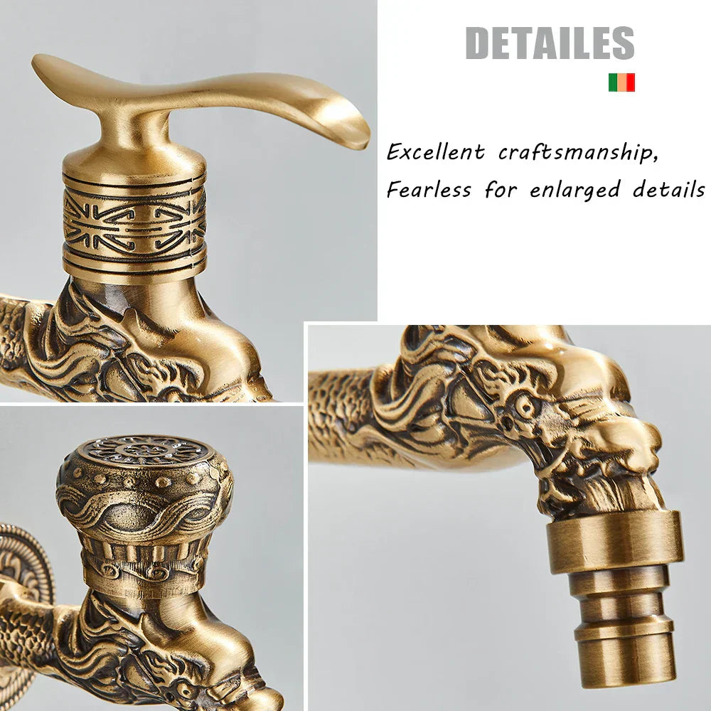 DecorBites™ Dragon Carved Antique Brass Wall Mounted Faucet for Bathroom and Outdoor Use