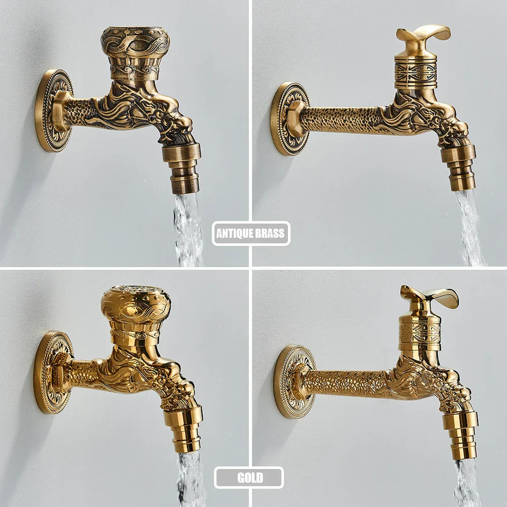 DecorBites™ Dragon Carved Antique Brass Wall Mounted Faucet for Bathroom and Outdoor Use