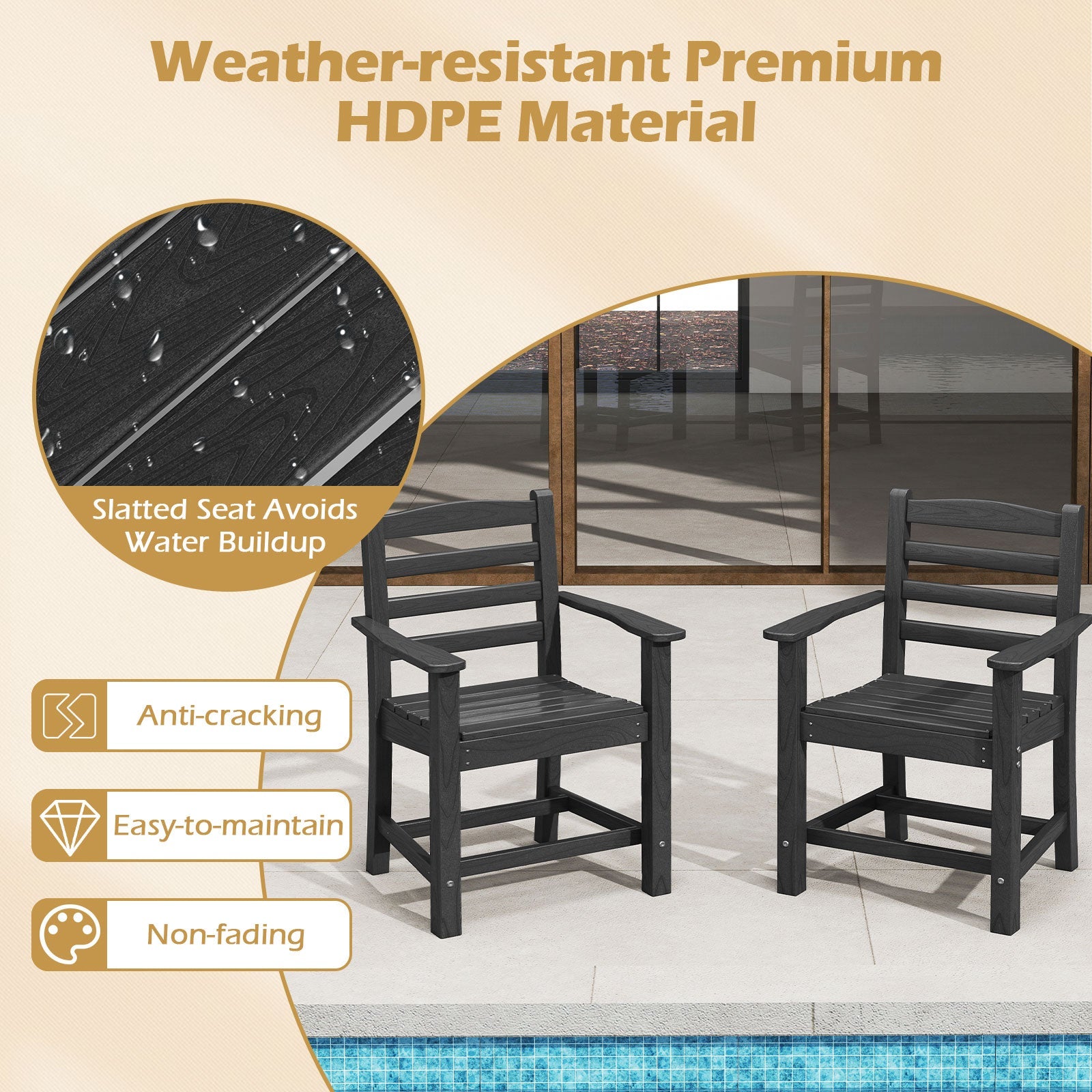 HDPE All Weather Patio Dining Chairs Set of 2 with Wide Armrests