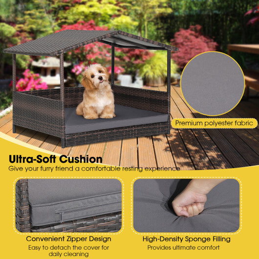 Outdoor Wicker Dog House with Weatherproof Roof-Gray - Color: Gray