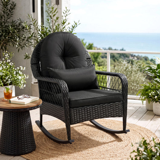 Outdoor Wicker Rocking Chair with Anti-Tip Stoppers and Thick Cushions for Porch-Black