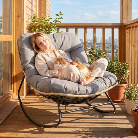Outdoor Papasan Rocking Chair with Thick Cushioned Seat for Patio-Gray