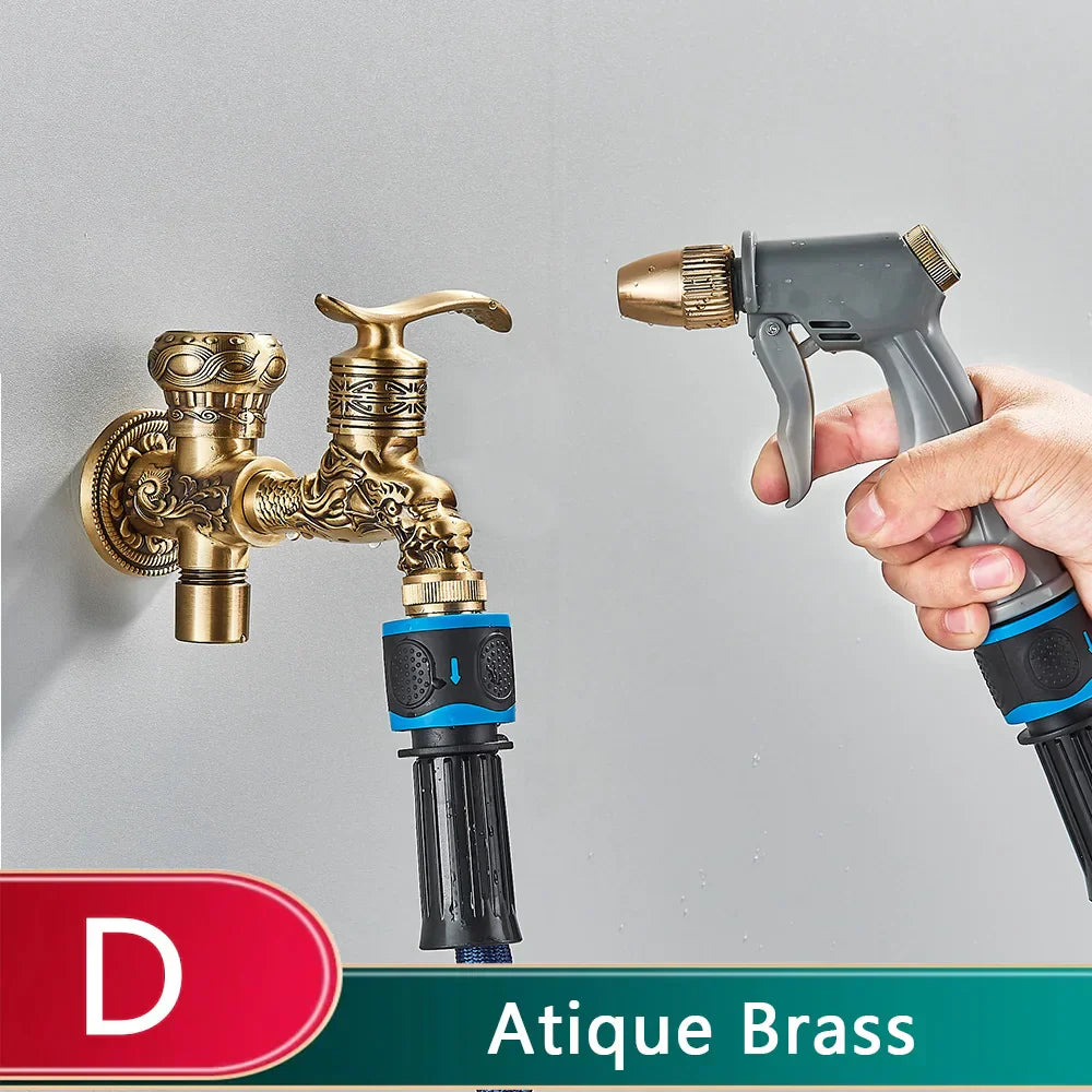 DecorBites™ Dragon Carved Antique Brass Wall Mounted Faucet for Bathroom and Outdoor Use