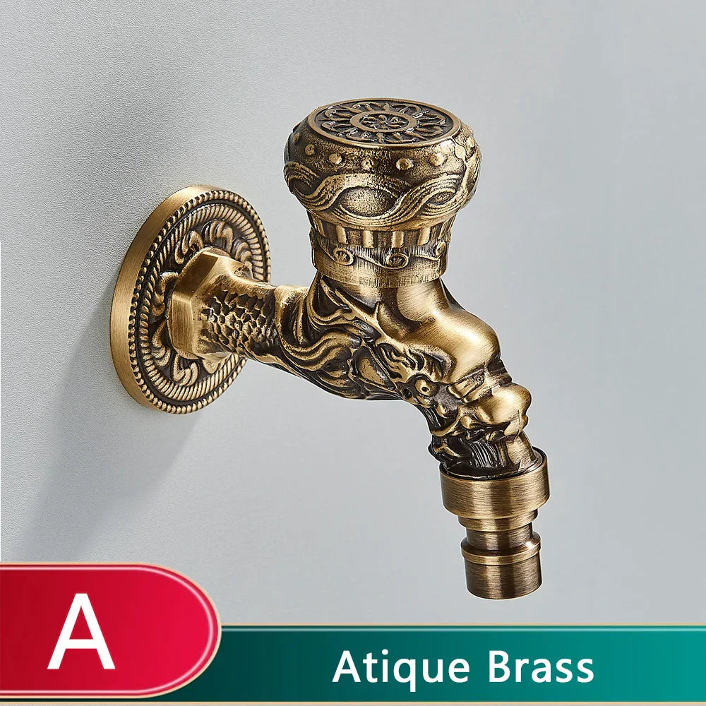DecorBites™ Dragon Carved Antique Brass Wall Mounted Faucet for Bathroom and Outdoor Use