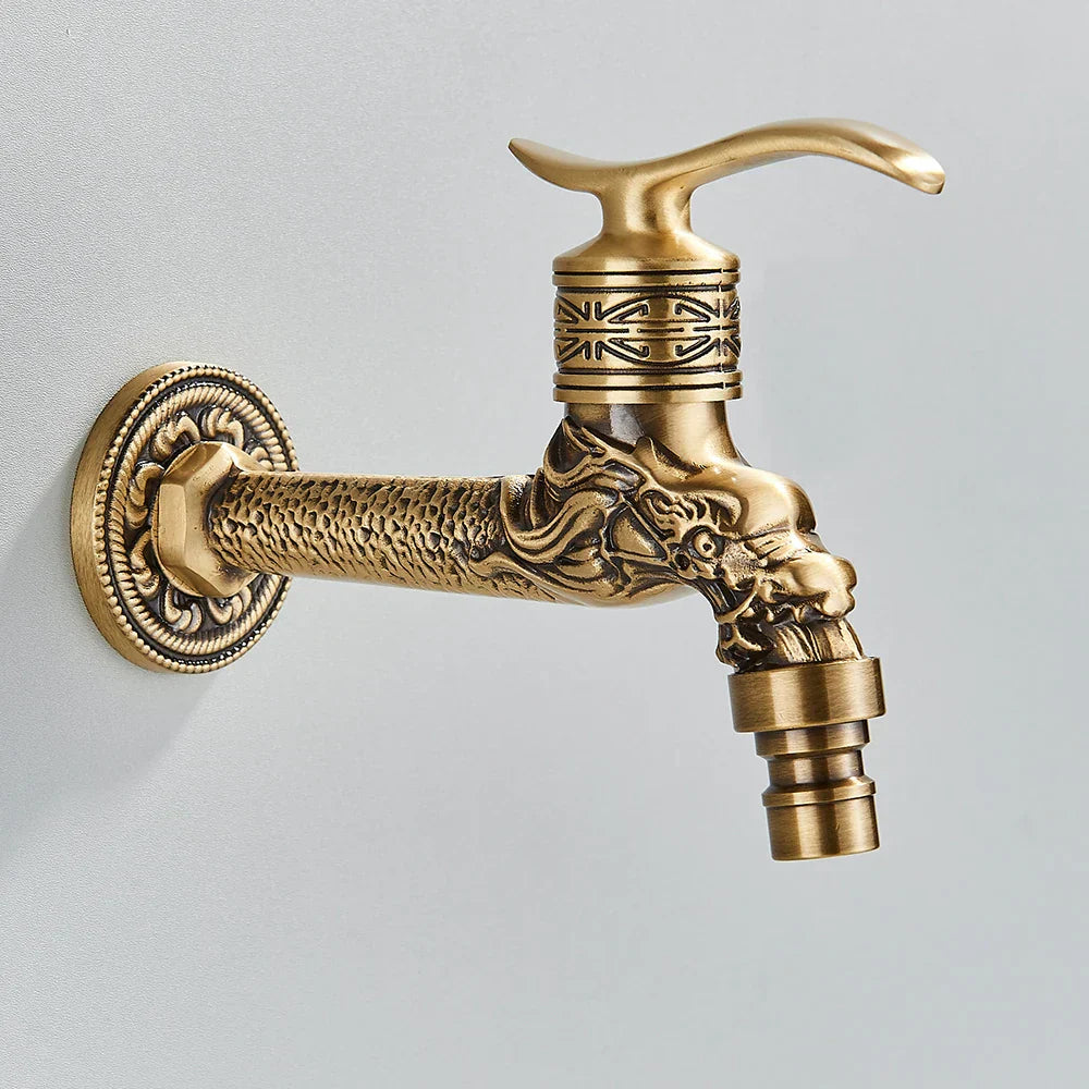 DecorBites™ Dragon Carved Antique Brass Wall Mounted Faucet for Bathroom and Outdoor Use