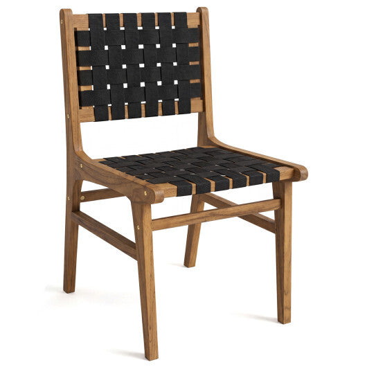 Solid Teak Hand-Woven Strap Outdoor Dining Chair with Flex Support for Deck Garden