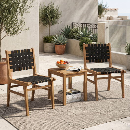 Solid Teak Hand-Woven Strap Outdoor Dining Chair with Flex Support for Deck Garden