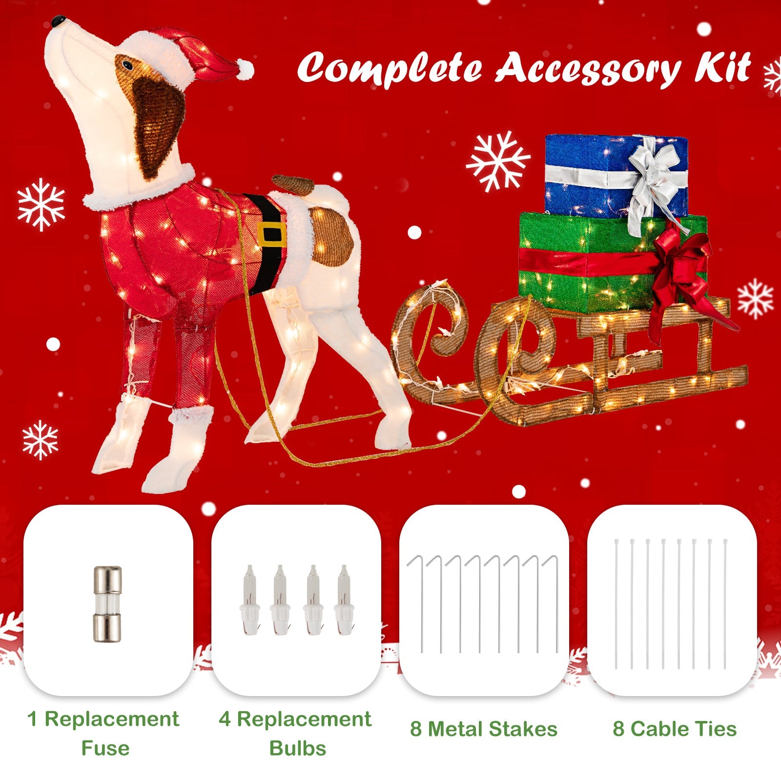 Outdoor Pre-lit Xmas Dog and Sleigh with 170 Warm Bright Lights for Porch