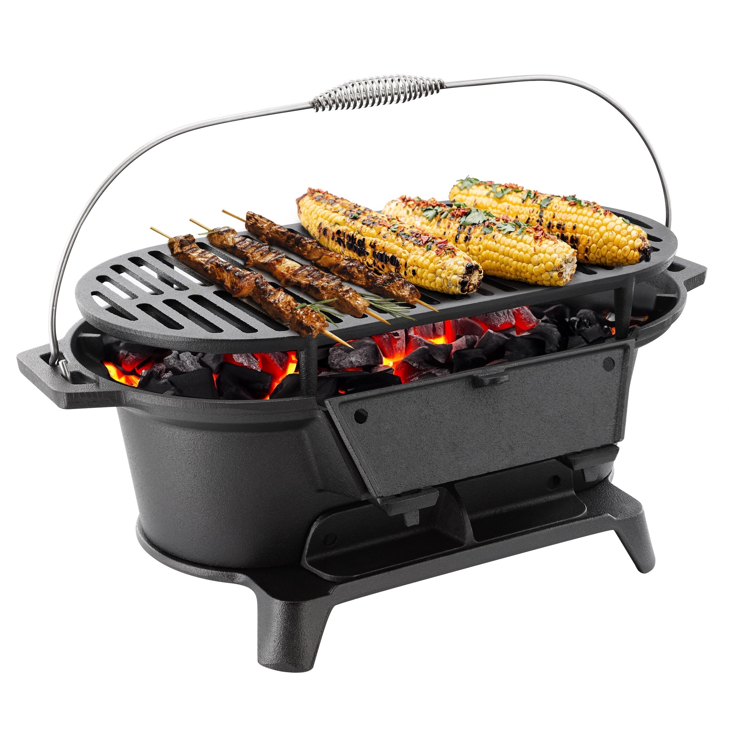 MegaChef Oval Cast Iron Portable Hibachi Grill for Outdoor Use and Camping in Black
