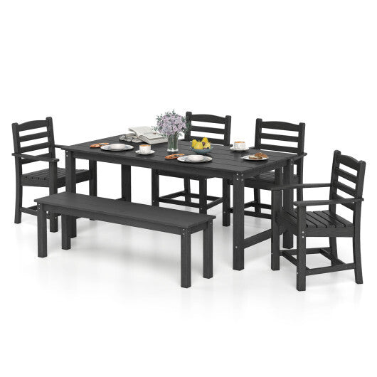 6 Pieces Patio Dining Bench Set Outdoor HDPE Weather Resistant Table and Chairs Set-Grey