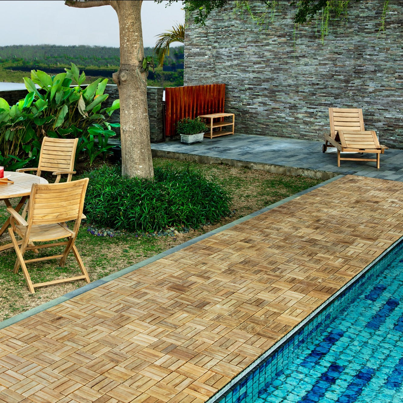 Coastal Natural Teak Outdoor Interlocking Tiles, 12 Slat (10 sq ft)