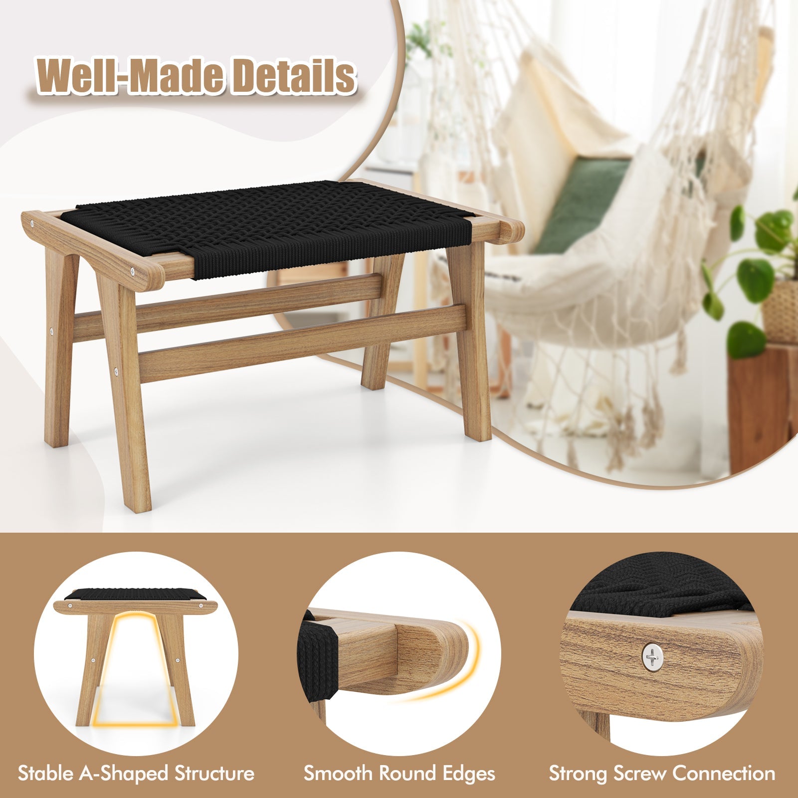 Indoor Outdoor Ottoman Footstool Teak Wooden Foot Rest with Handwoven Cordage