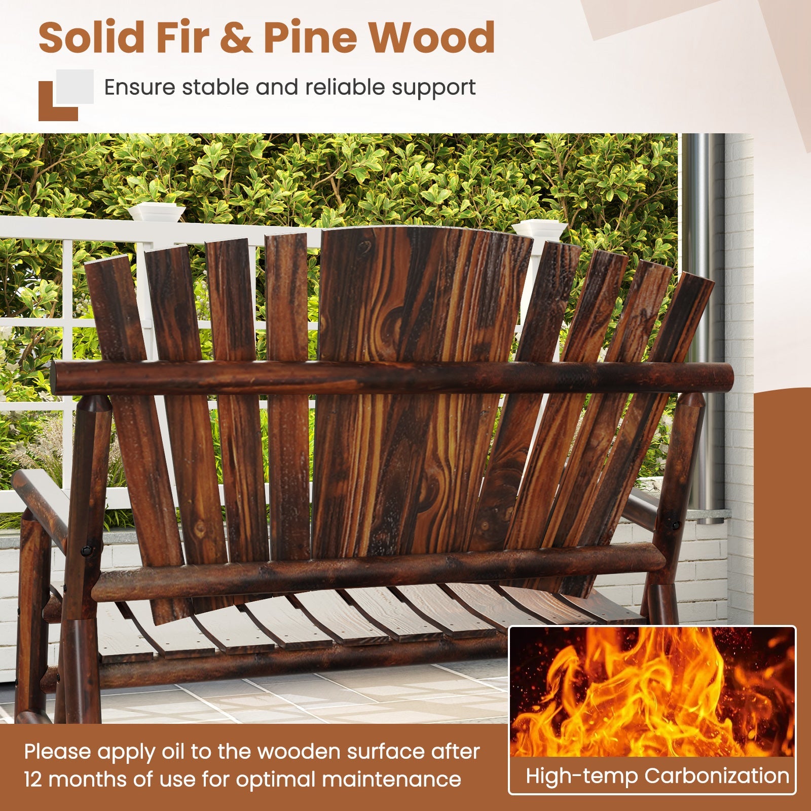 Outdoor Adirondack Rocking Chair for Adults with High Back and Slatted Seat-Brown