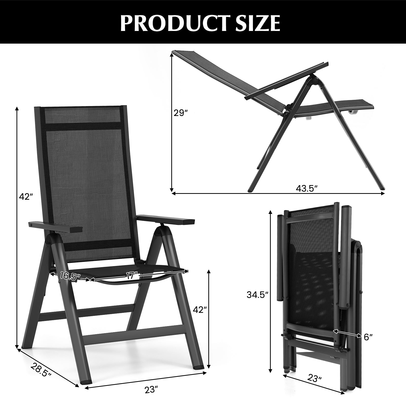 Outdoor Dining Chair with Soft Padded Seat and 7-Position Adjustable Backrest Set of 2-Black