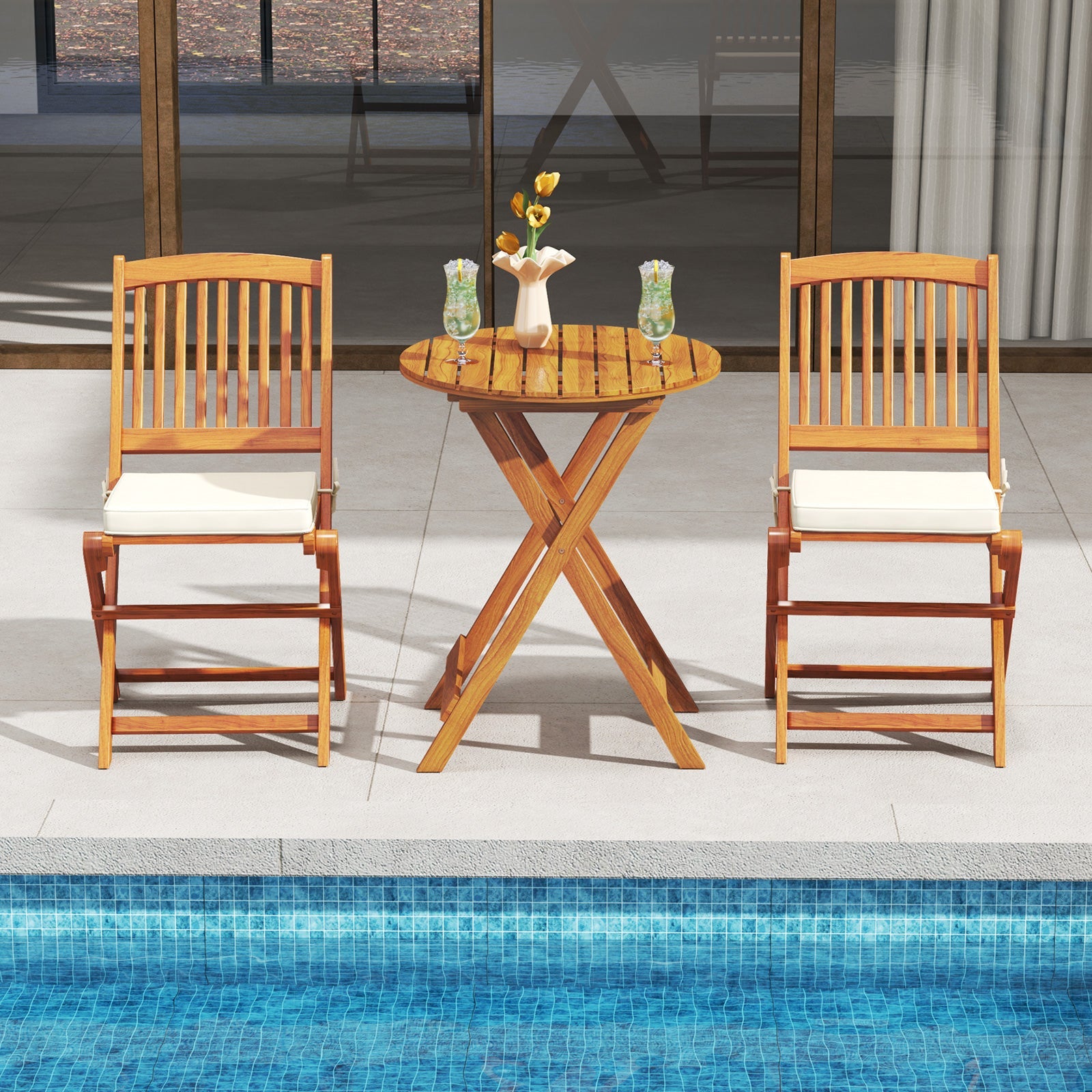 Outdoor Folding Chairs with Seat Cushions Set of 2-Beige