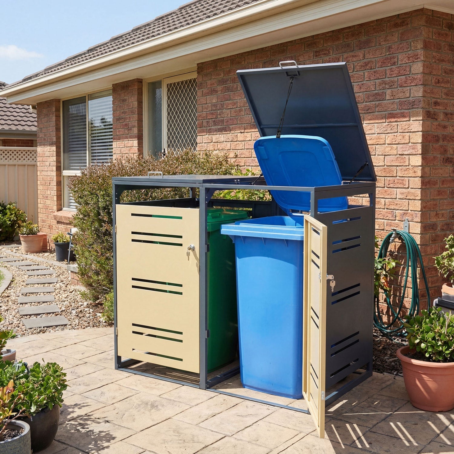 Outdoor Metal Garbage Bin Storage Shed for 2 Trash Cans