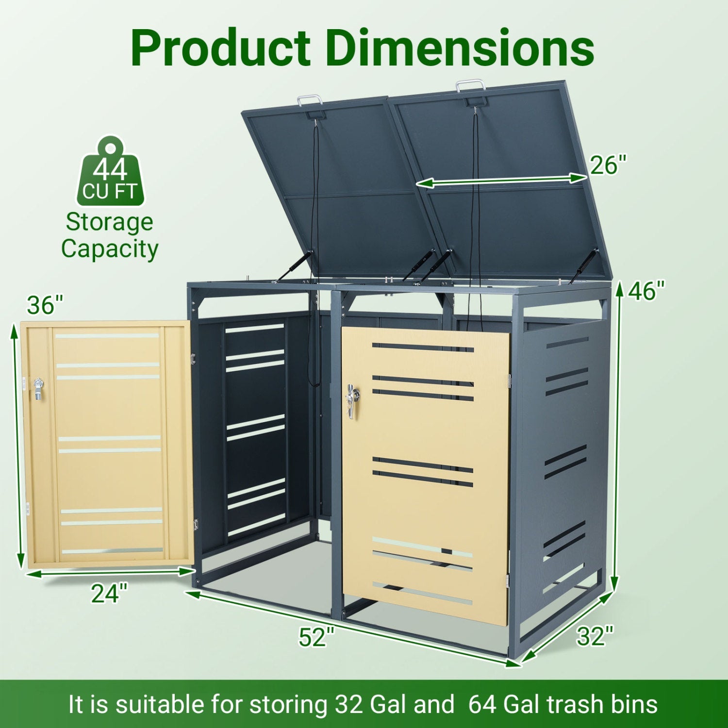 Outdoor Metal Garbage Bin Storage Shed for 2 Trash Cans