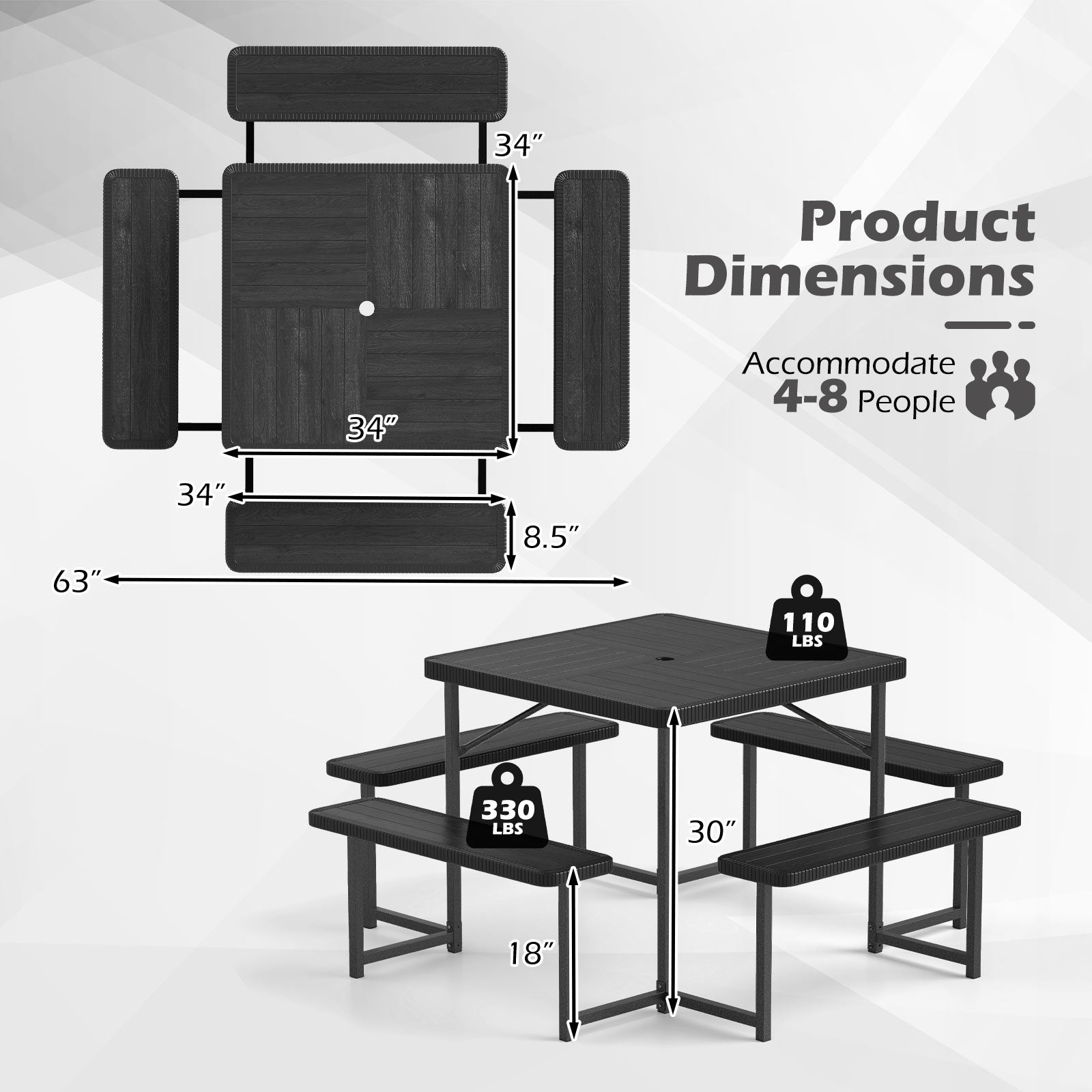 Outdoor Square Picnic Table Bench Set for 4-8 People with Umbrella Hole-Black
