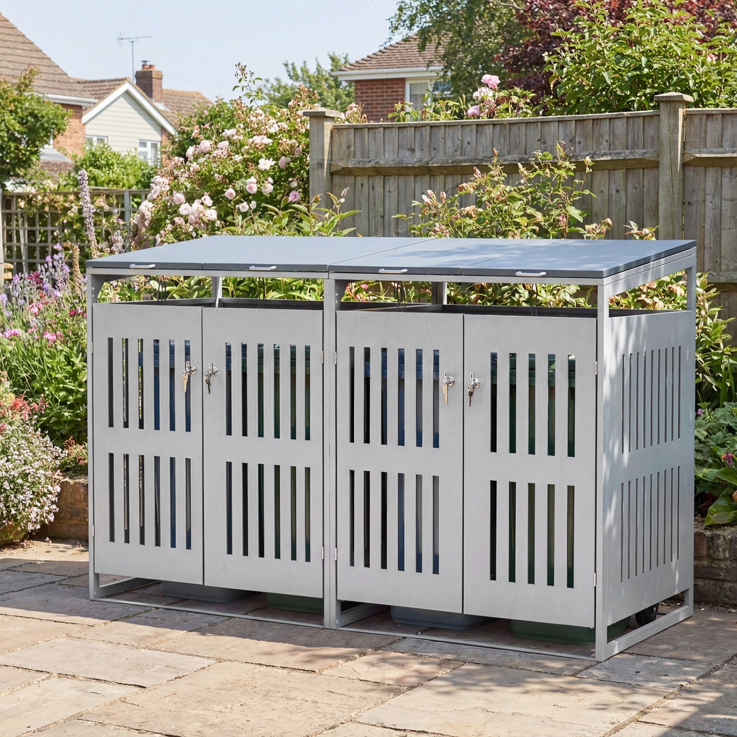 Outdoor Trash Can Storage Shed for 2 Bins with Gas Struts