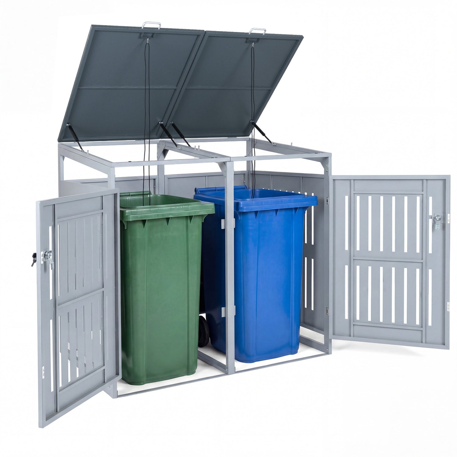 Outdoor Trash Can Storage Shed for 2 Bins with Gas Struts