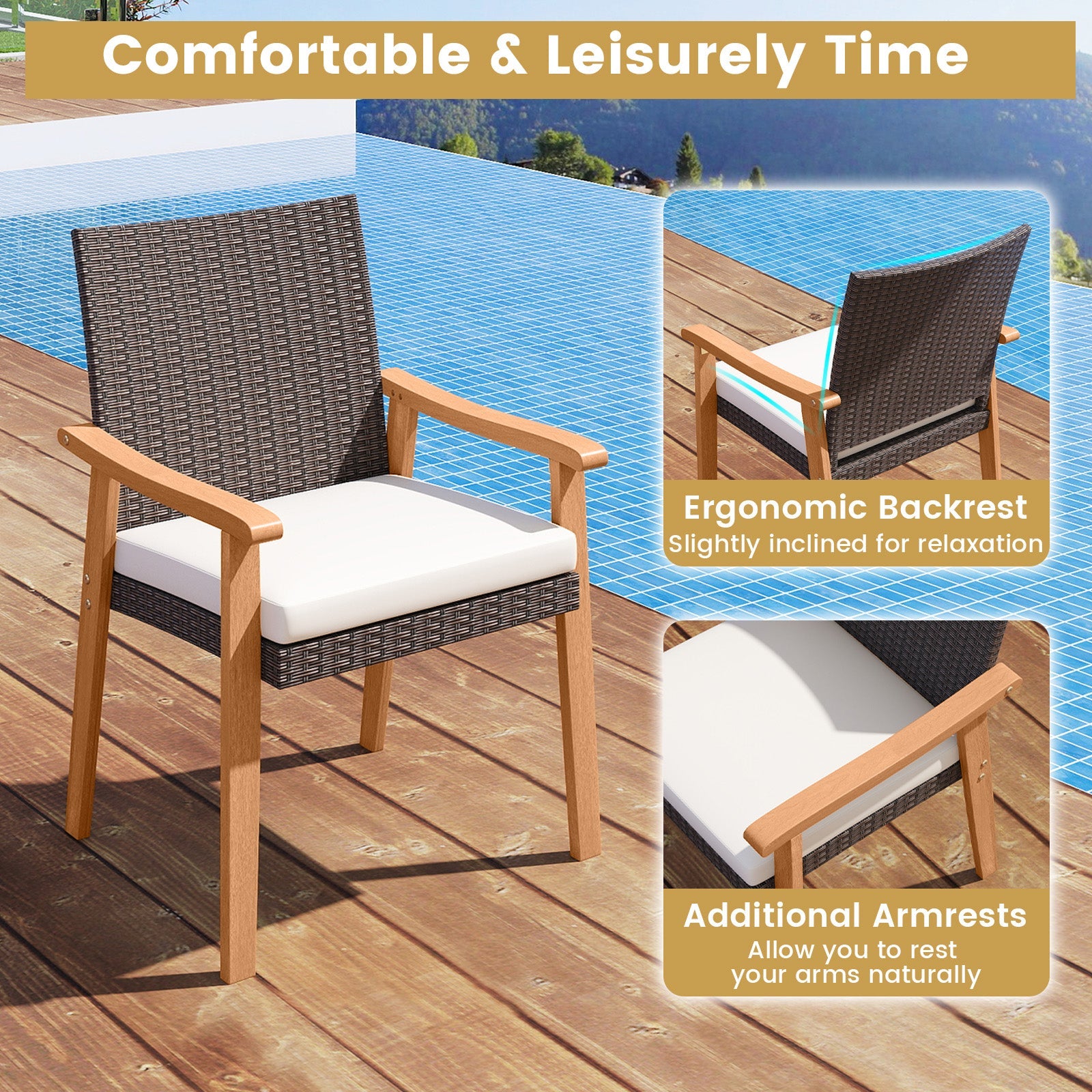 PE Rattan Outdoor Patio Dining Chair Set of 2 with Removable Cushion and Acacia Wood Armrests-White