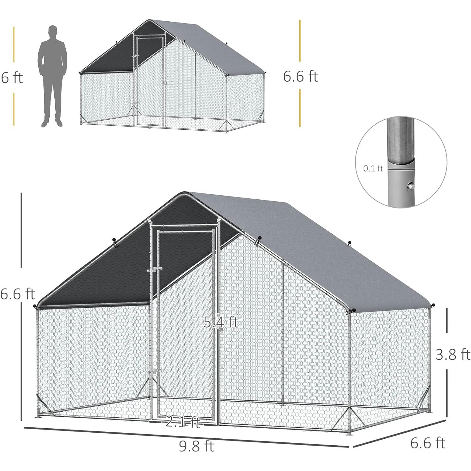 Outdoor Yard Metal Walk-in Chicken Coop with Waterproof Cover 9.8 Ft x 6.6 Ft.