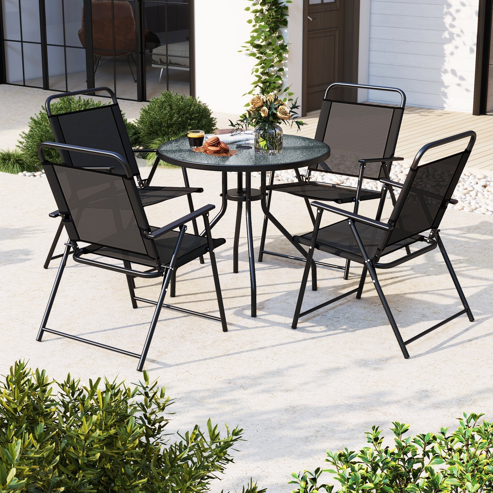 6 Pieces Patio Dining Set Folding Chairs Glass Table Tilt Umbrella for Garden-Gray