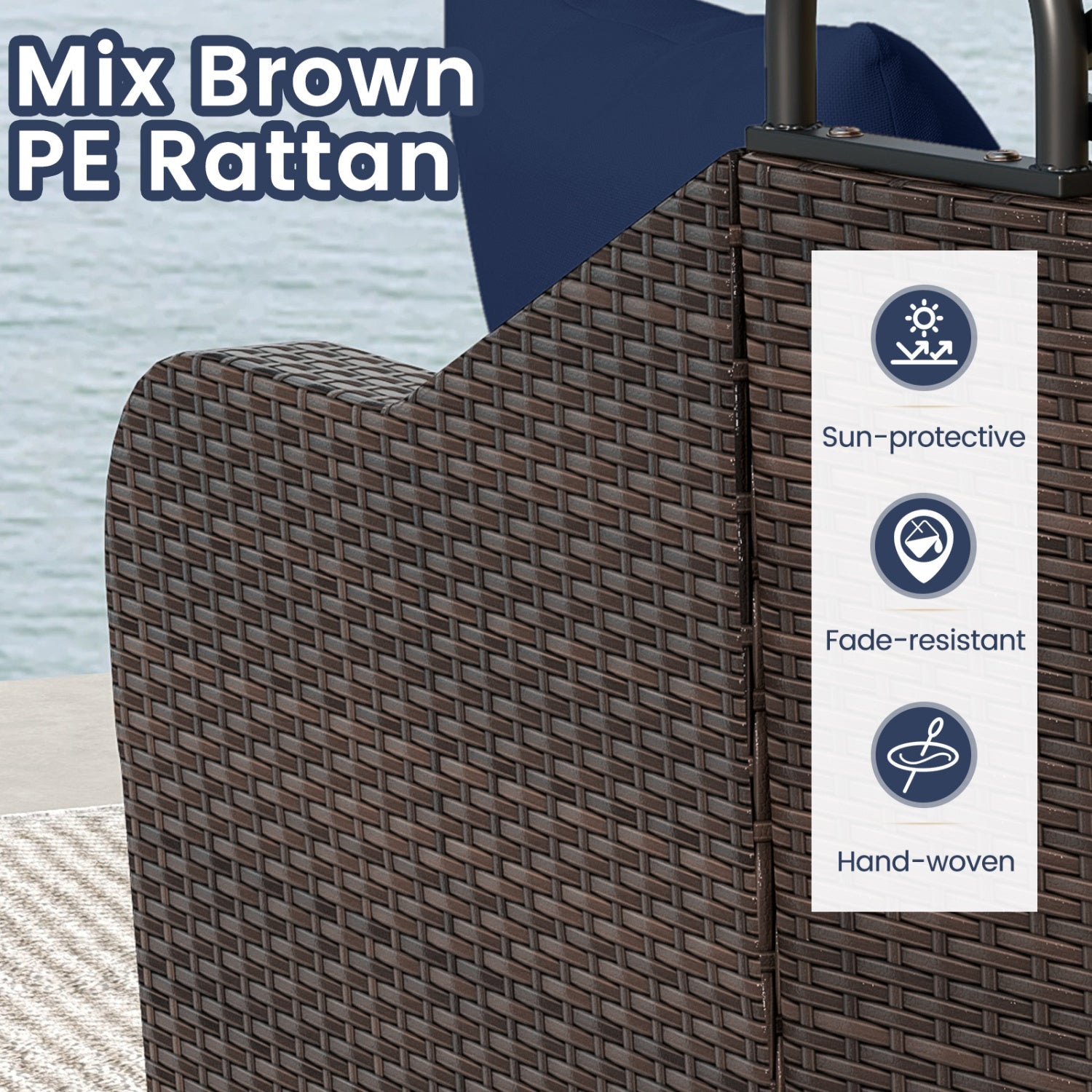 Outdoor Rattan Daybed with Retractable Canopy - Navy