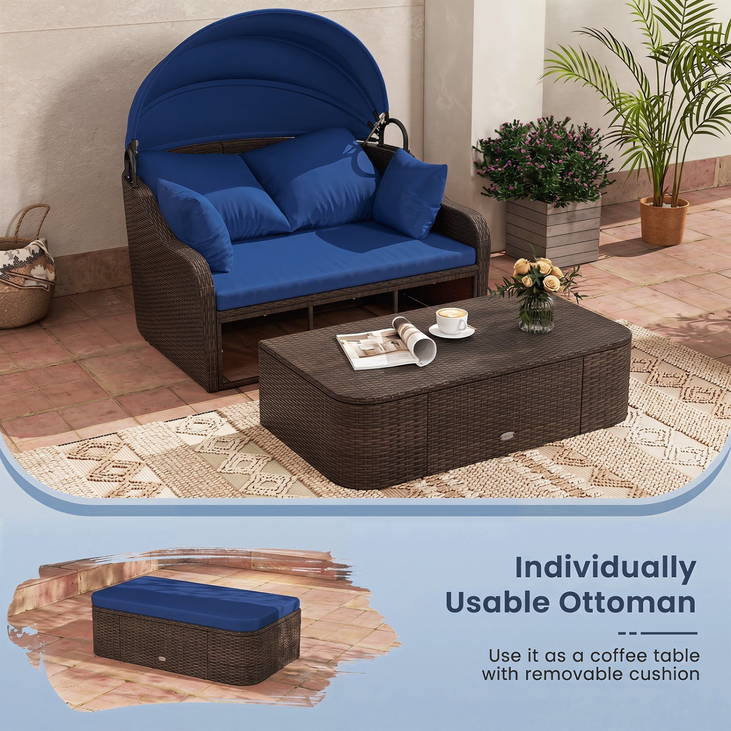 Outdoor Rattan Daybed with Retractable Canopy - Navy